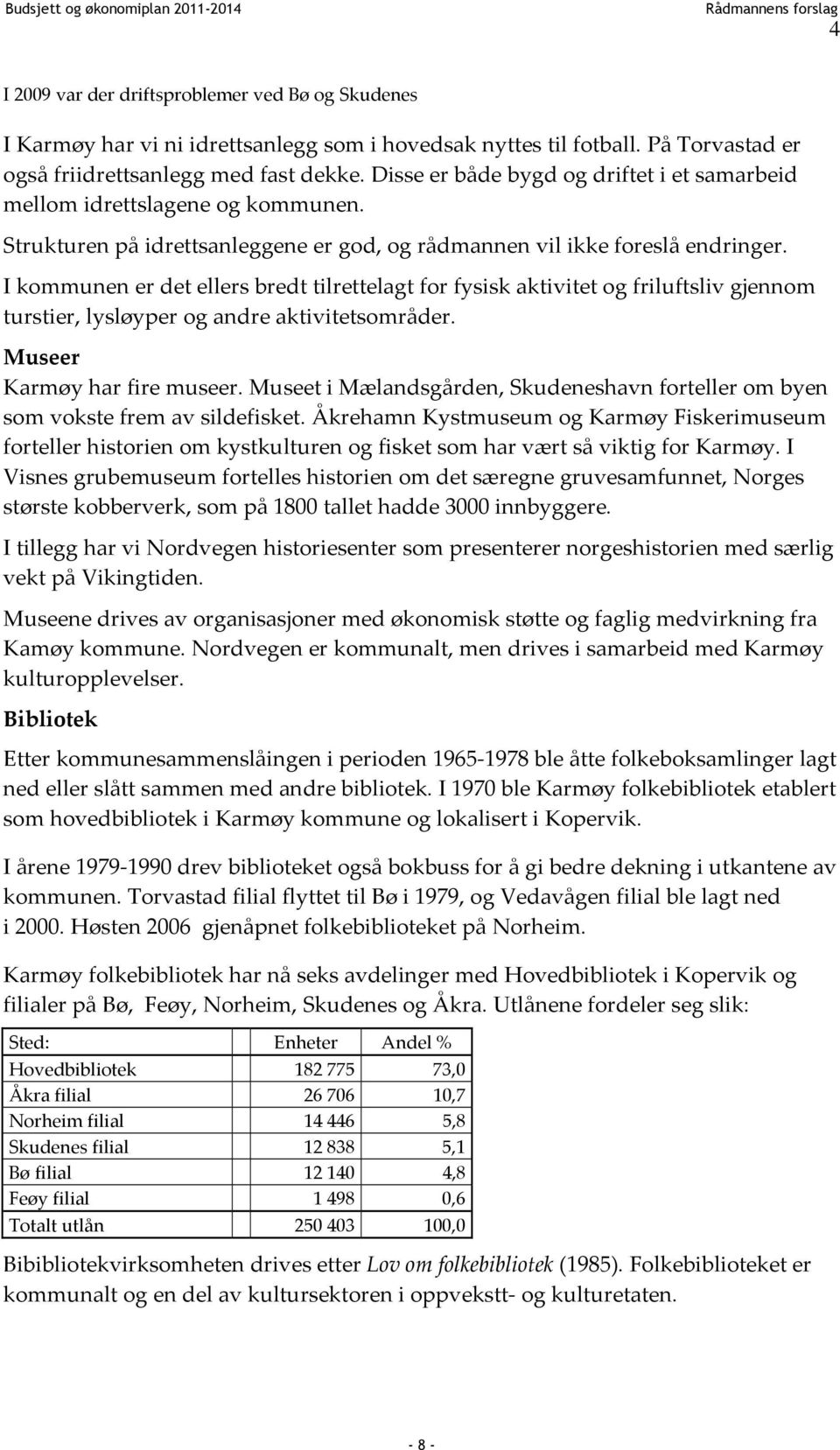 I kommunen er det ellers bredt tilrettelagt for fysisk aktivitet og friluftsliv gjennom turstier, lysløyper og andre aktivitetsområder. Museer Karmøy har fire museer.