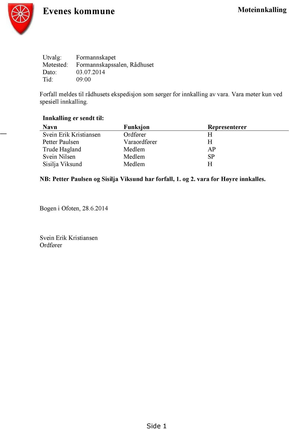 Innkalling er sendt til: Navn Funksjon Representerer Svein Erik Kristiansen Ordfører H Petter Paulsen Varaordfører H Trude Hagland Medlem AP