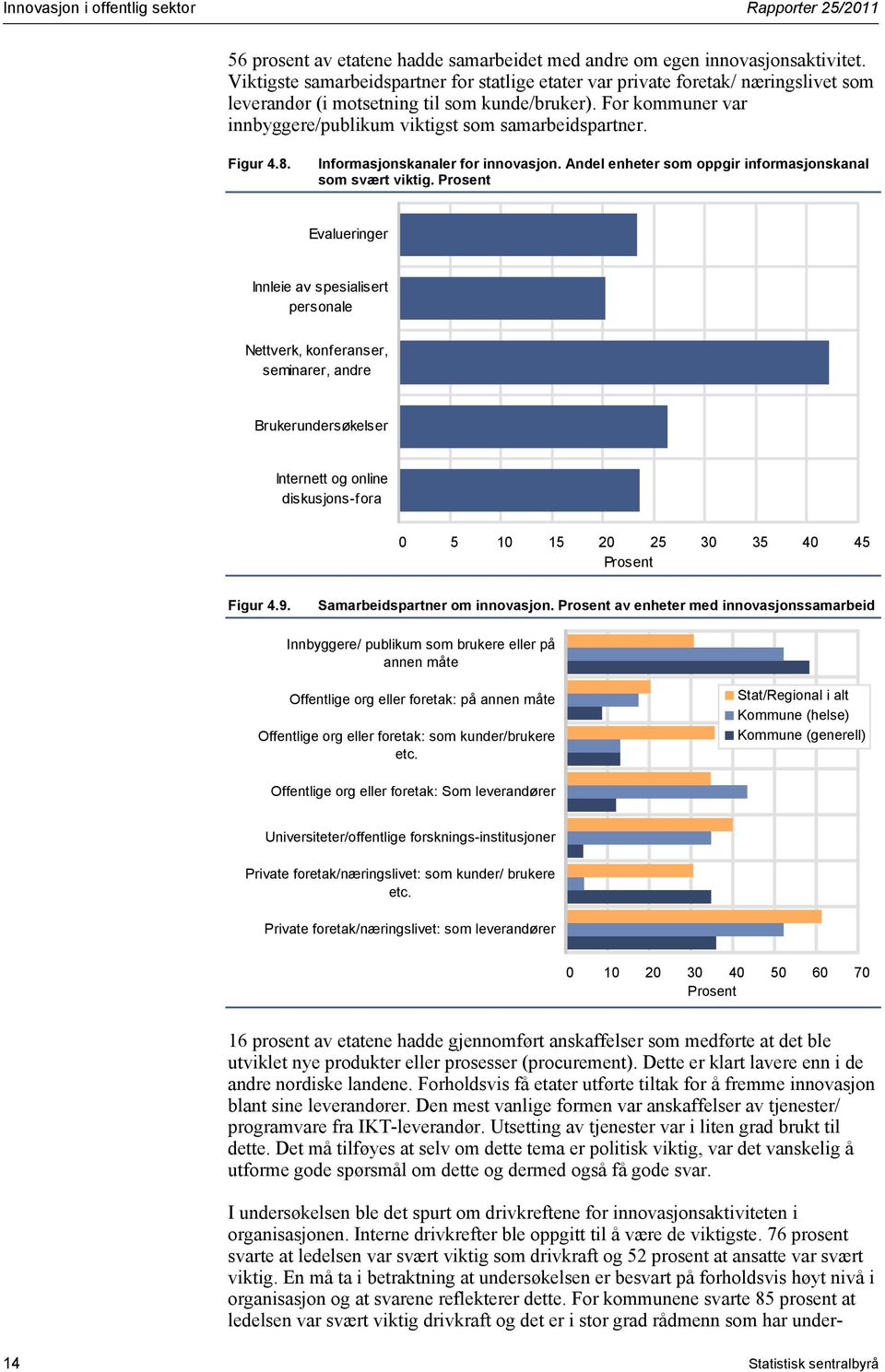 For kommuner var innbyggere/publikum viktigst som samarbeidspartner. Figur 4.8. Informasjonskanaler for innovasjon. Andel enheter som oppgir informasjonskanal som svært viktig.