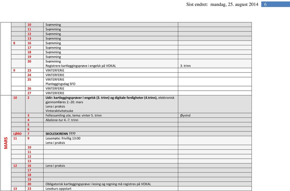 trinn) og digitale ferdigheter (4.trinn), elektronisk gjennomføres 2.-20. mars Lena i praksis Vinteraktivitetsuke Fellessamling ute, tema: vinter 5.