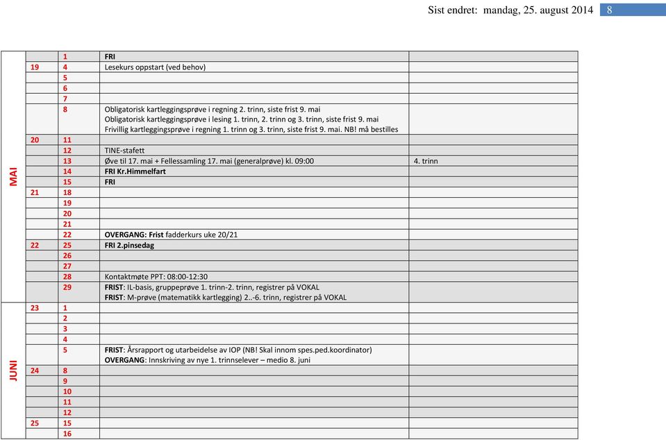 0:00 4. trinn 14 FRI Kr.Himmelfart 15 FRI 21 18 1 20 21 22 OVERGANG: Frist fadderkurs uke 20/21 22 25 FRI 2.pinsedag 2 27 28 Kontaktmøte PPT: 08:00-12:0 2 FRIST: IL-basis, gruppeprøve 1. trinn-2.