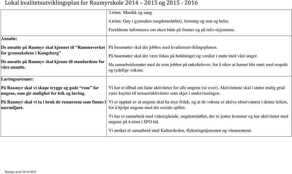 På basemøter skal det jobbes med kvalitetsutviklingsplanen. På basemøter skal det være fokus på holdninger og verdier i møte med våre unger.