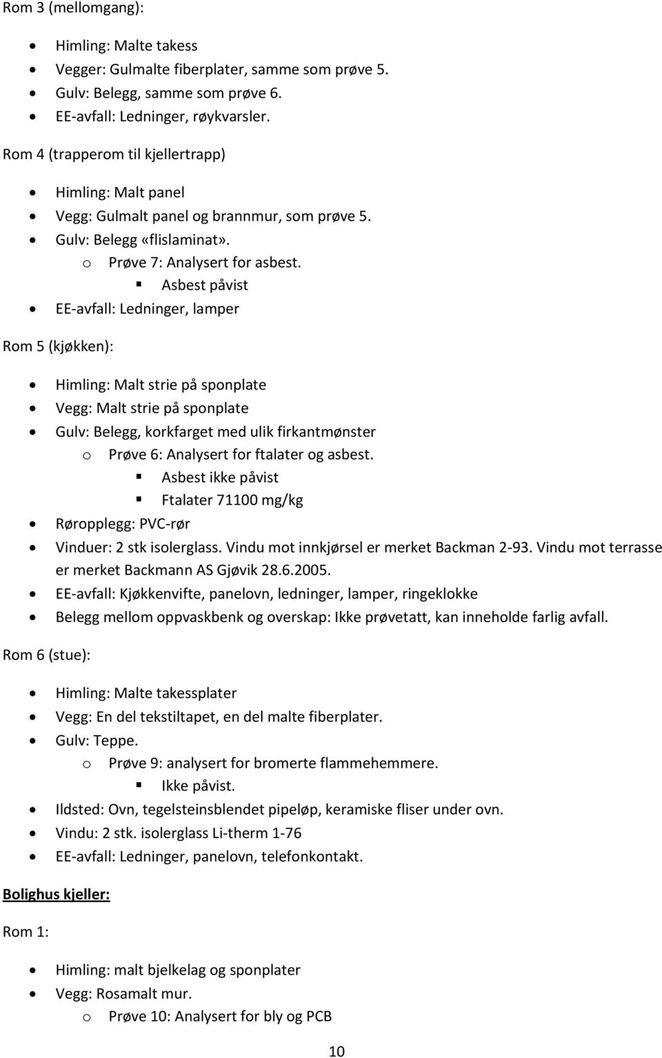 Asbest påvist EE-avfall: Ledninger, lamper Rom 5 (kjøkken): Himling: Malt strie på sponplate Vegg: Malt strie på sponplate Gulv: Belegg, korkfarget med ulik firkantmønster o Prøve 6: Analysert for