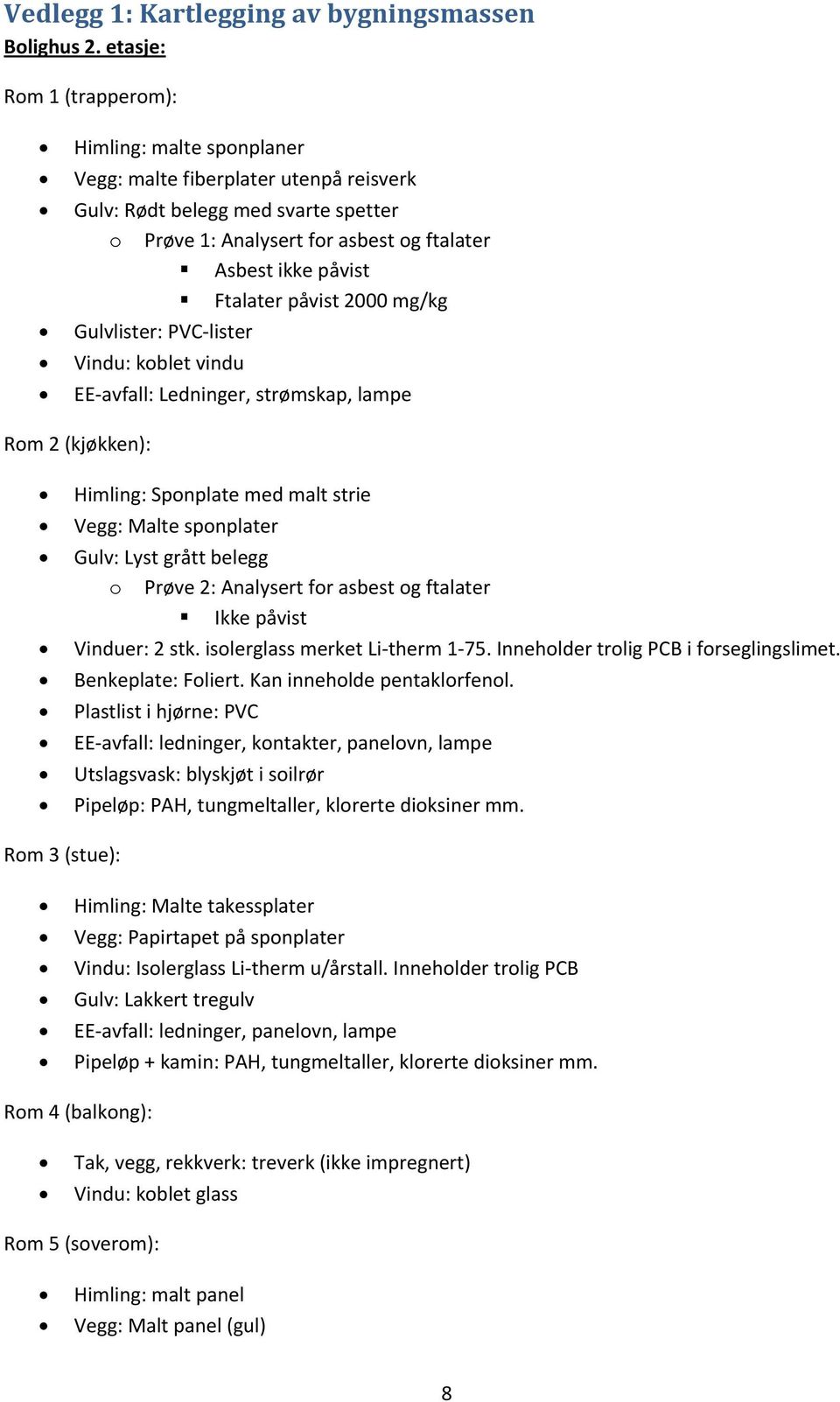 Ftalater påvist 2000 mg/kg Gulvlister: PVC-lister Vindu: koblet vindu EE-avfall: Ledninger, strømskap, lampe Rom 2 (kjøkken): Himling: Sponplate med malt strie Vegg: Malte sponplater Gulv: Lyst grått