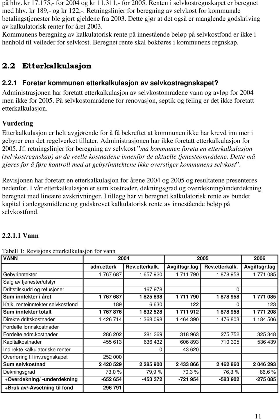 Kommunens beregning av kalkulatorisk rente på innestående beløp på selvkostfond er ikke i henhold til veileder for selvkost. Beregnet rente skal bokføres i kommunens regnskap. 2.2 Etterkalkulasjon 2.