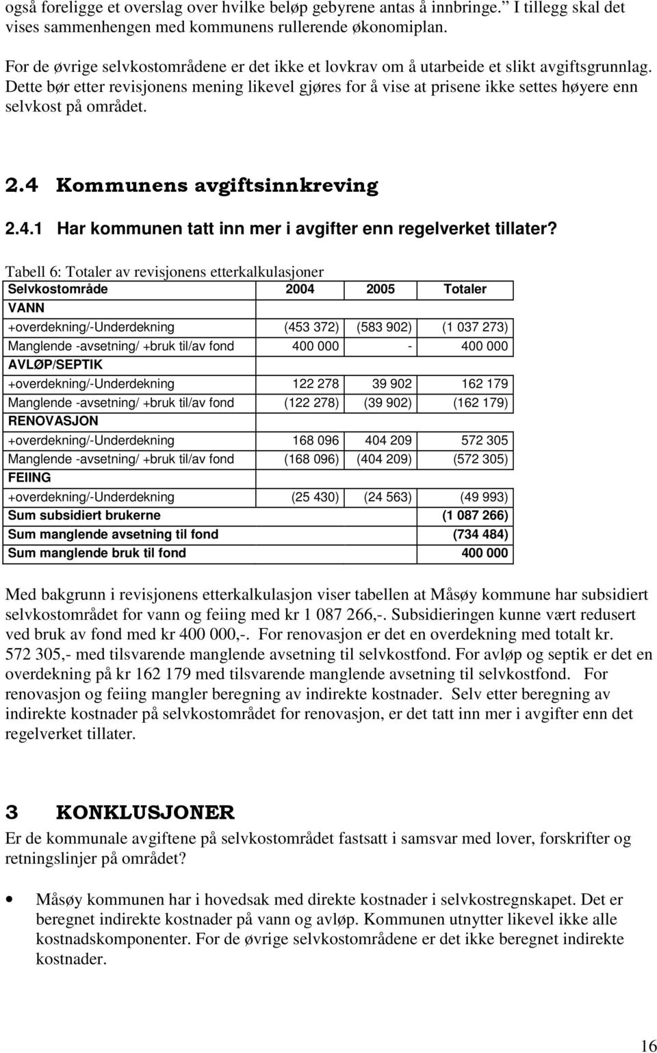 Dette bør etter revisjonens mening likevel gjøres for å vise at prisene ikke settes høyere enn selvkost på området. 2.4 Kommunens avgiftsinnkreving 2.4.1 Har kommunen tatt inn mer i avgifter enn regelverket tillater?