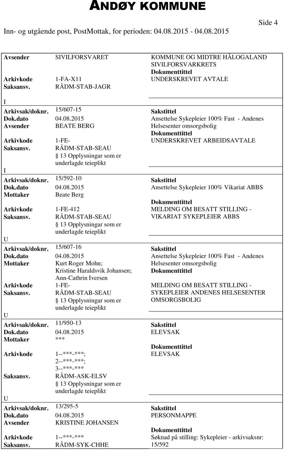 2015 Ansettelse Sykepleier 100% Fast - Andenes Avsender BEATE BERG Helsesenter omsorgsbolig Arkivkode 1-FE- NDERSKREVET ARBEDSAVTALE Saksansv. RÅDM-STAB-SEA Arkivsak/doknr. 15/592-10 Sakstittel Dok.