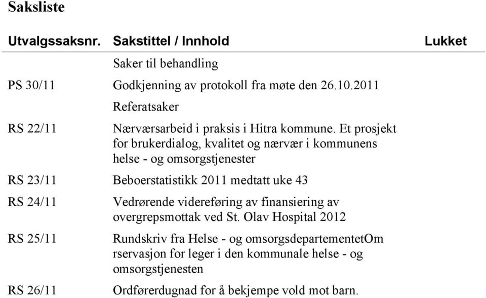 Et prosjekt for brukerdialog, kvalitet og nærvær i kommunens helse - og omsorgstjenester RS 23/11 Beboerstatistikk 2011 medtatt uke 43 RS 24/11 RS