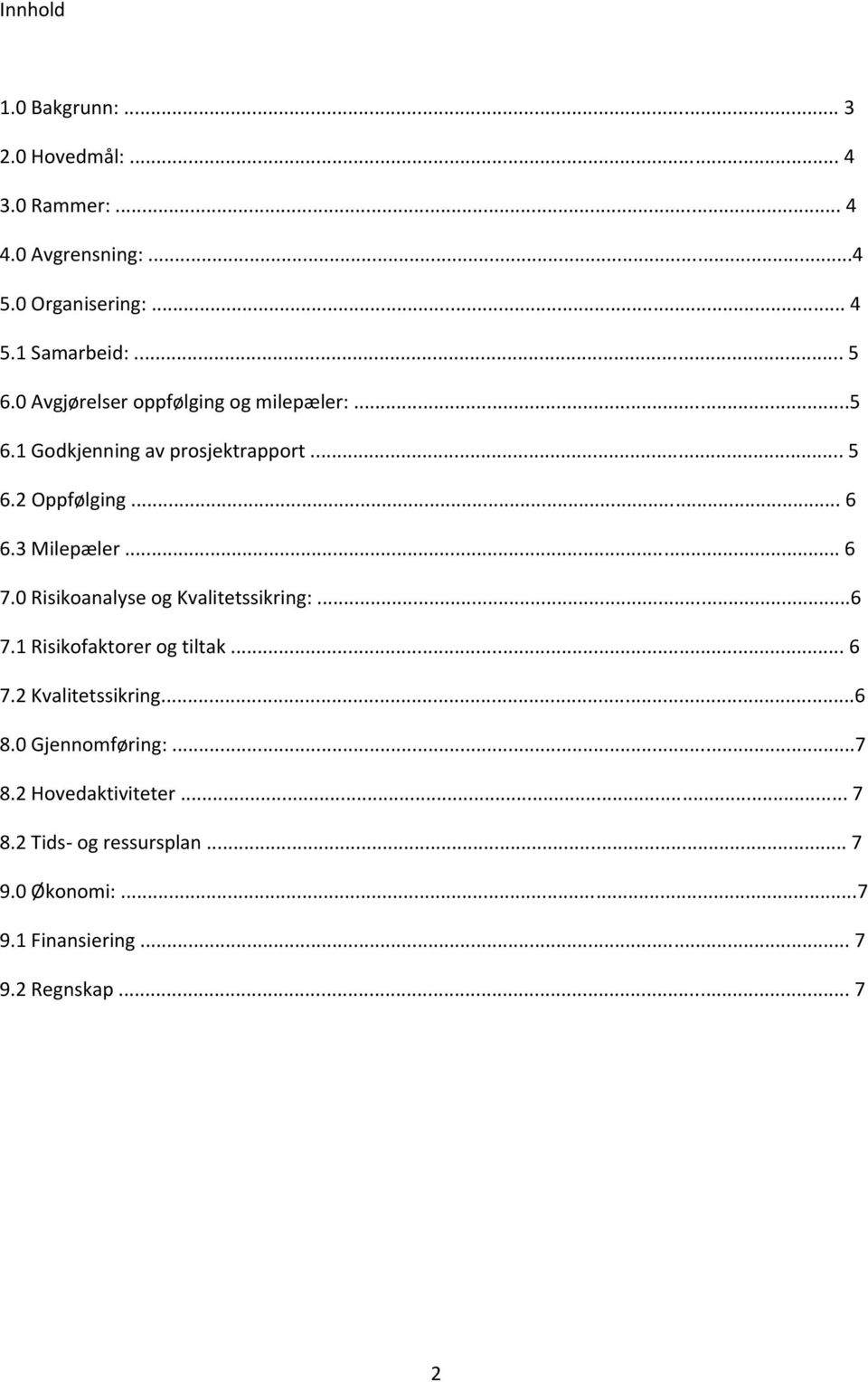 3 Milepæler... 6 7.0 Risikoanalyse og Kvalitetssikring:...6 7.1 Risikofaktorer og tiltak... 6 7.2 Kvalitetssikring...6 8.