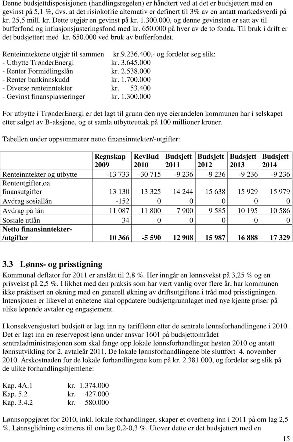 Til bruk i drift er det budsjettert med kr. 650.000 ved bruk av bufferfondet. Renteinntektene utgjør til sammen kr.9.236.400,- og fordeler seg slik: - Utbytte TrønderEnergi kr. 3.645.