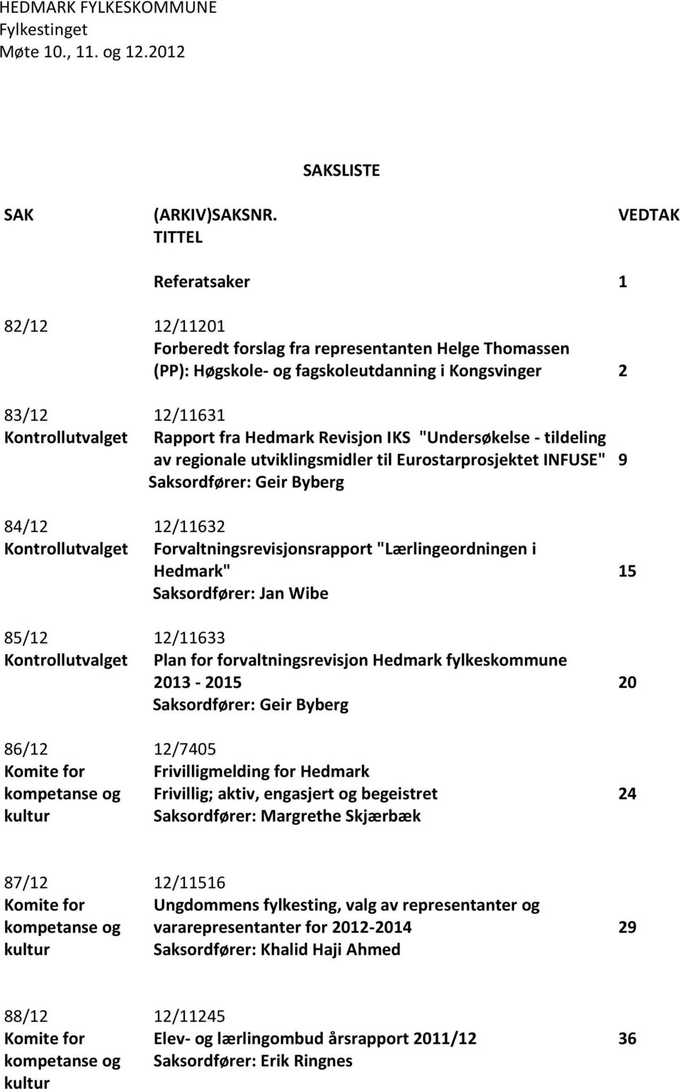 85/12 Kontrollutvalget 12/11631 Rapport fra Hedmark Revisjon IKS "Undersøkelse - tildeling av regionale utviklingsmidler til Eurostarprosjektet INFUSE" 9 Saksordfører: Geir Byberg 12/11632