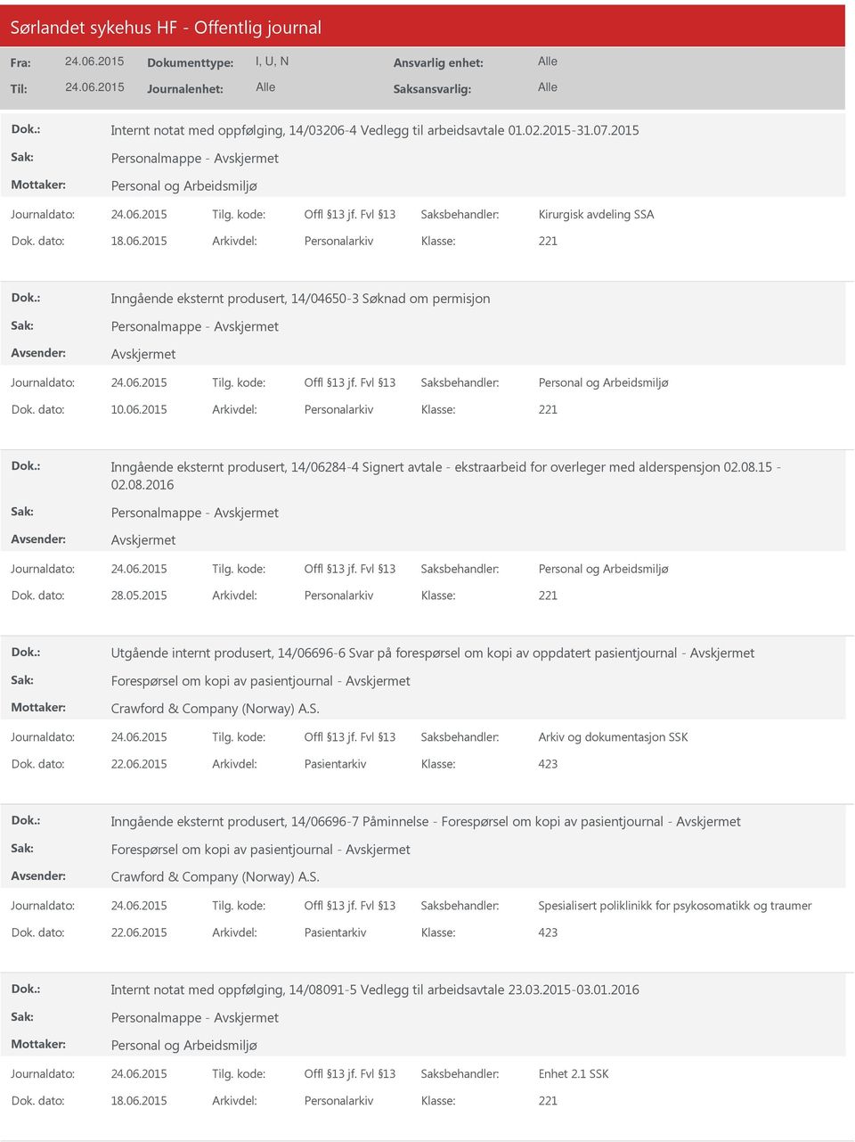 2015 Arkivdel: Personalarkiv Utgående internt produsert, 14/06696-6 Svar på forespørsel om kopi av oppdatert pasientjournal - Forespørsel om kopi av pasientjournal - Crawford & Company (Norway) A.S. Arkiv og dokumentasjon SSK Dok.