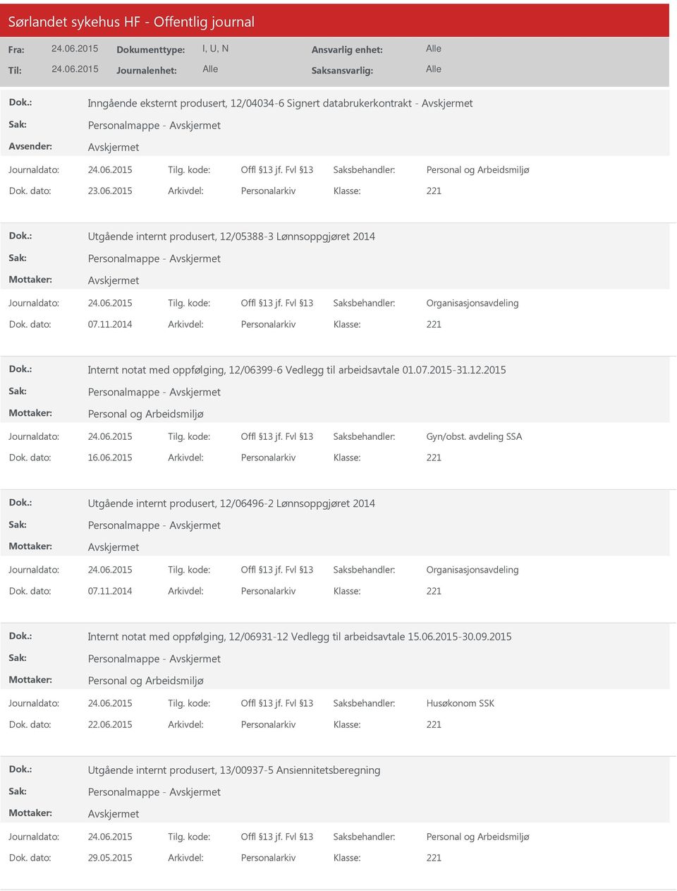 2014 Arkivdel: Personalarkiv Internt notat med oppfølging, 12/06399-6 Vedlegg til arbeidsavtale 01.07.2015-31.12.2015 Personalmappe - Gyn/obst. avdeling SSA Dok. dato: 16.06.2015 Arkivdel: Personalarkiv Utgående internt produsert, 12/06496-2 Lønnsoppgjøret 2014 Personalmappe - Dok.