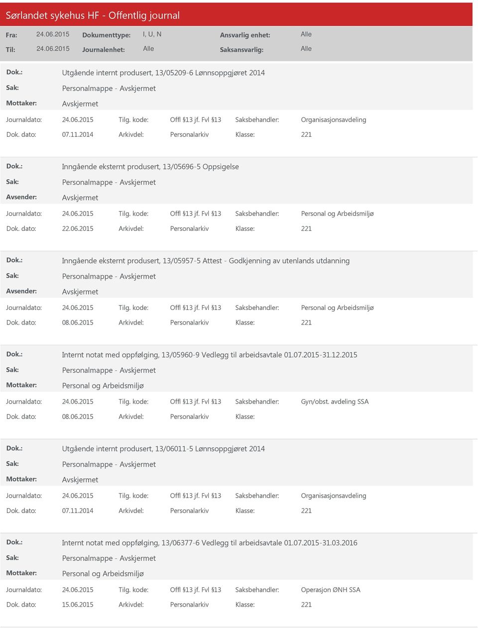 07.2015-31.12.2015 Personalmappe - Gyn/obst. avdeling SSA Dok. dato: 08.06.2015 Arkivdel: Personalarkiv Utgående internt produsert, 13/06011-