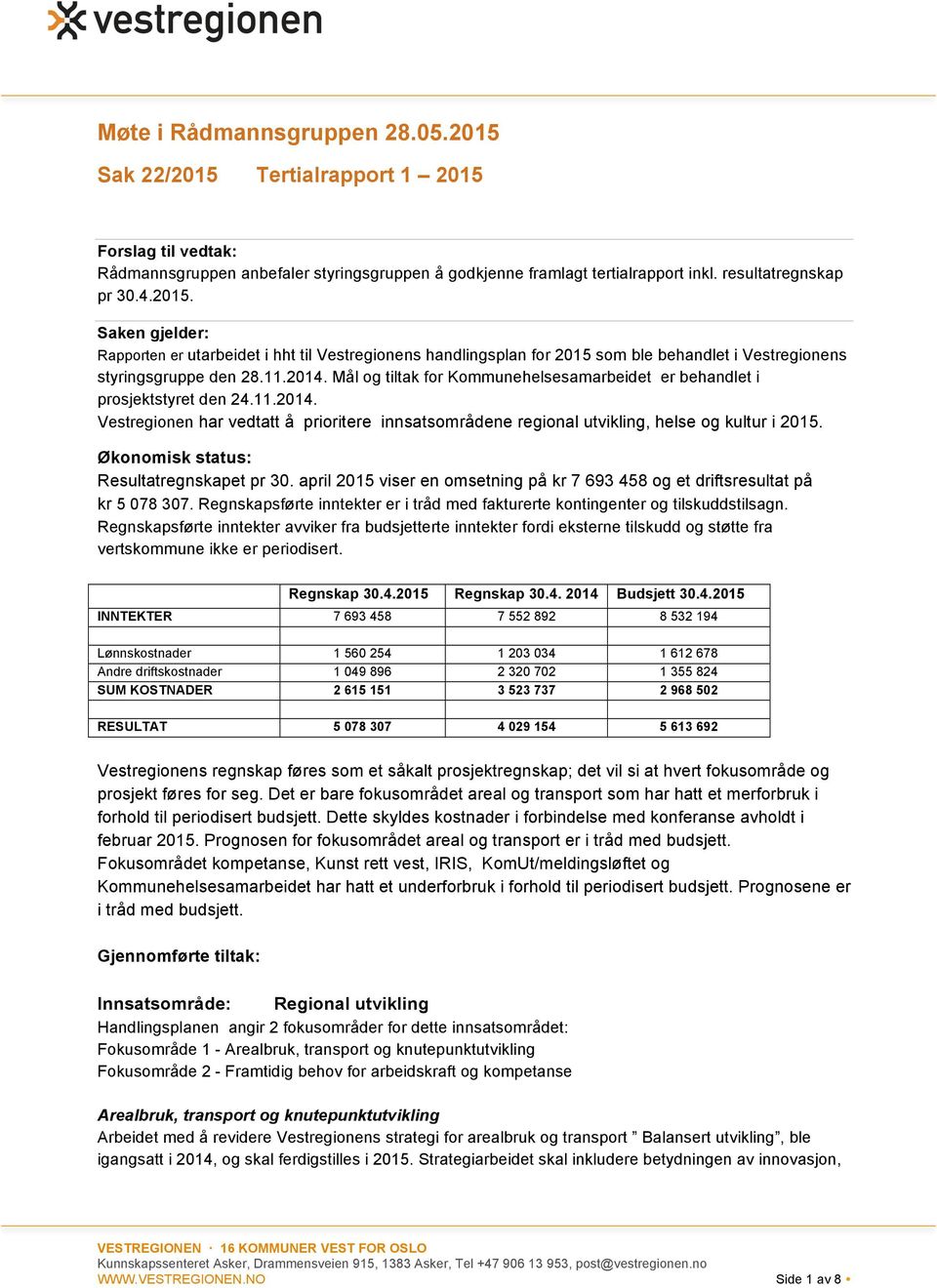 Mål og tiltak for Kommunehelsesamarbeidet er behandlet i prosjektstyret den 24.11.2014. Vestregionen har vedtatt å prioritere innsatsområdene regional utvikling, helse og kultur i.