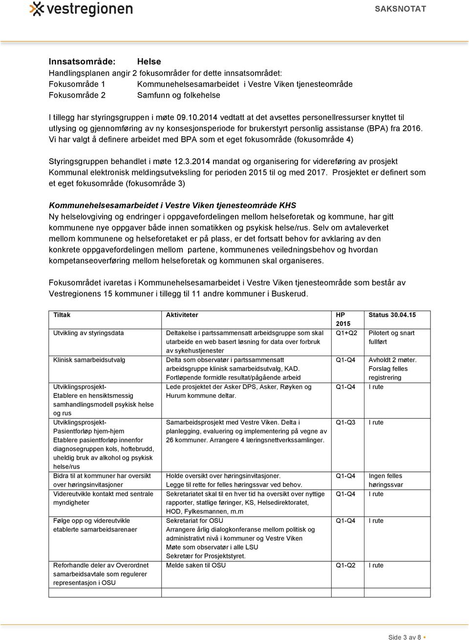 Vi har valgt å definere arbeidet med BPA som et eget fokusområde (fokusområde 4) Styringsgruppen behandlet i møte 12.3.