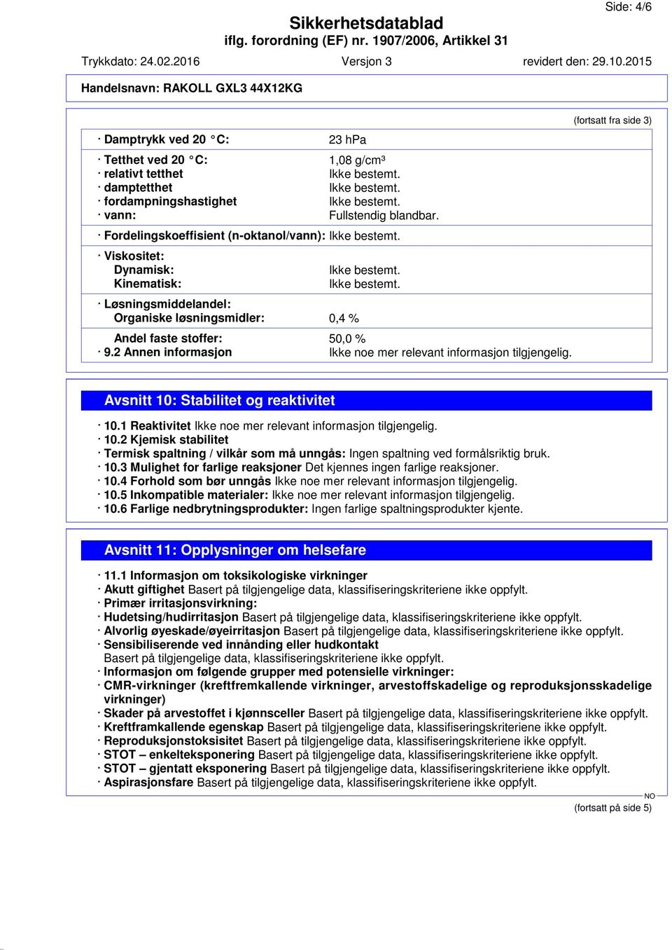 2 Annen informasjon Ikke noe mer relevant informasjon tilgjengelig. (fortsatt fra side 3) Avsnitt 10: