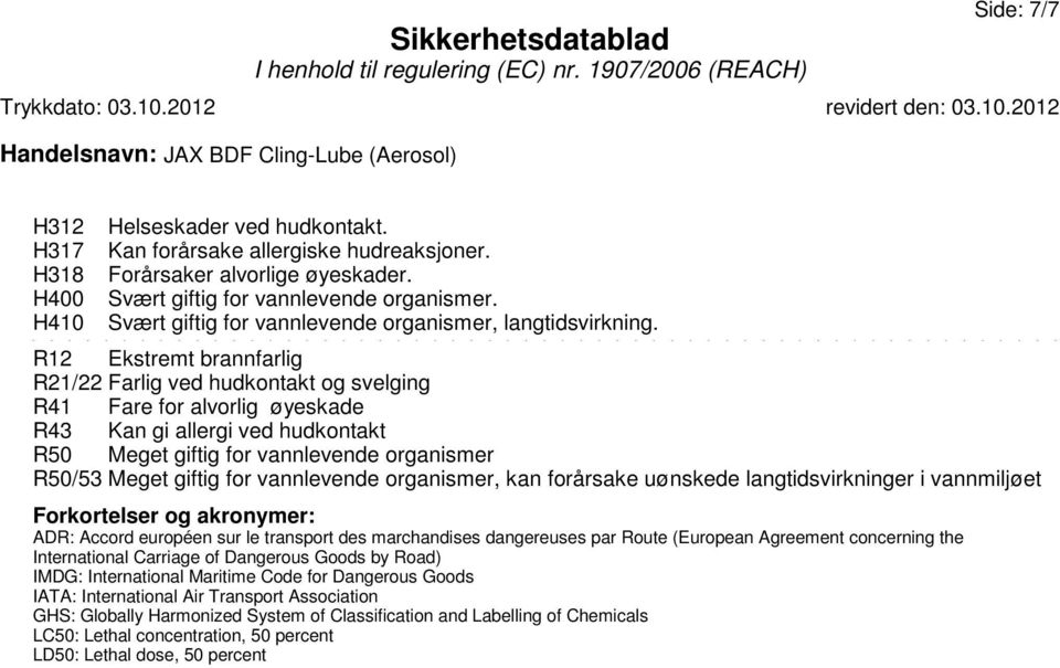 (fortsatt fra side 6) R12 Ekstremt brannfarlig R21/22 Farlig ved hudkontakt og svelging R41 Fare for alvorlig øyeskade R43 Kan gi allergi ved hudkontakt R50 Meget giftig for vannlevende organismer