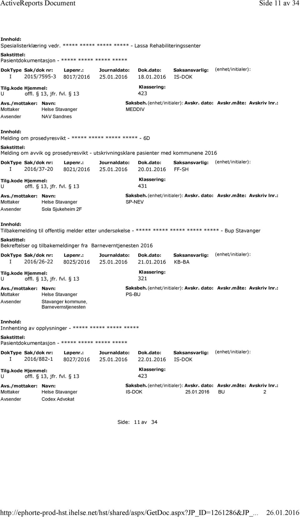 : MEDDV Melding om prosedyresvikt - ***** ***** ***** ***** - 6D Melding om avvik og prosedyresvikt - utskrivningsklare pasienter med kommunene 2016 2016/37-20 8021/2016 20.01.2016 FF-SH 431 Sola Sjukeheim 2F Saksbeh.