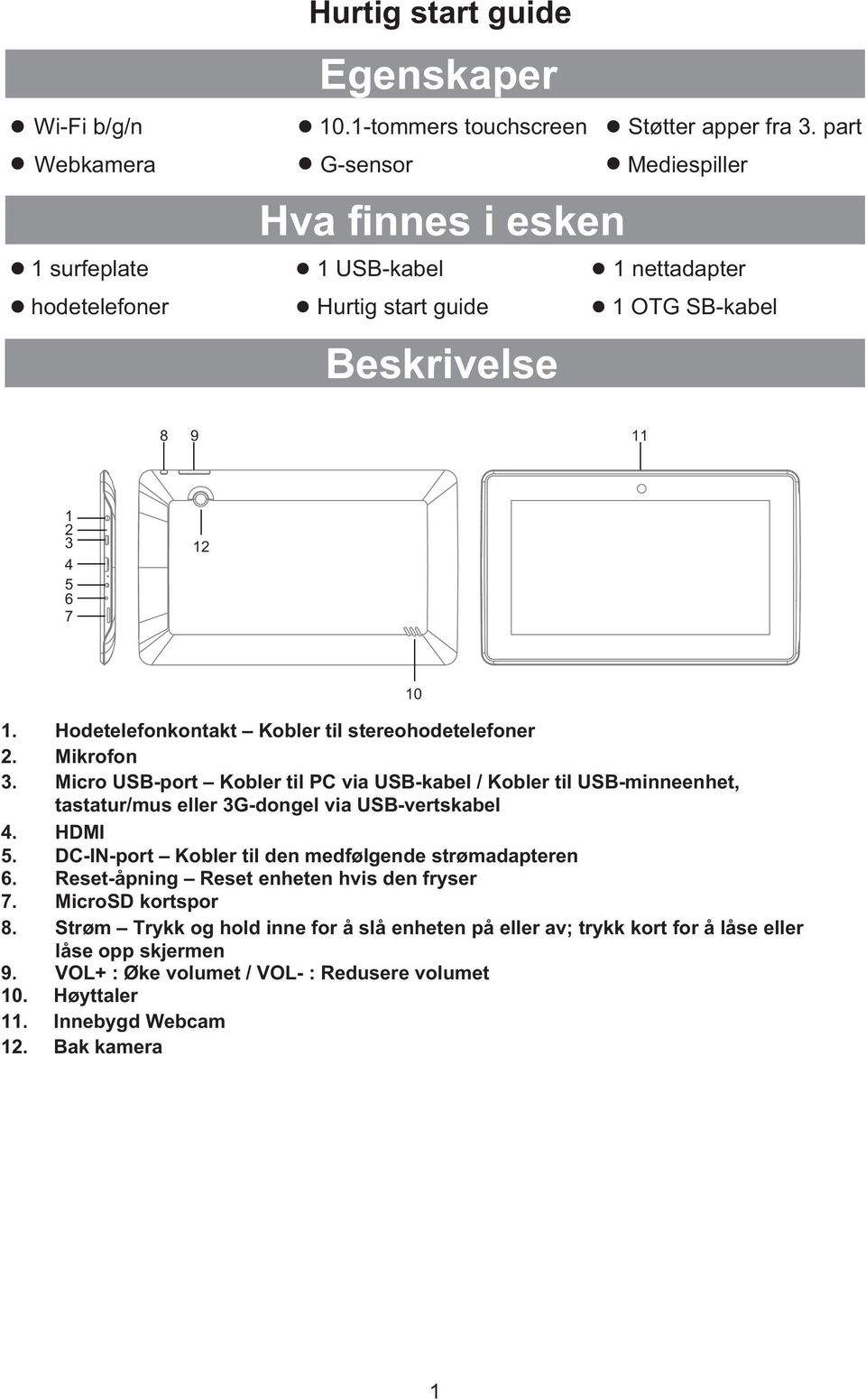 Hodetelefonkontakt Kobler til stereohodetelefoner 2. Mikrofon 3. Micro USB-port Kobler til PC via USB-kabel / Kobler til USB-minneenhet, tastatur/mus eller 3G-dongel via USB-vertskabel 4.