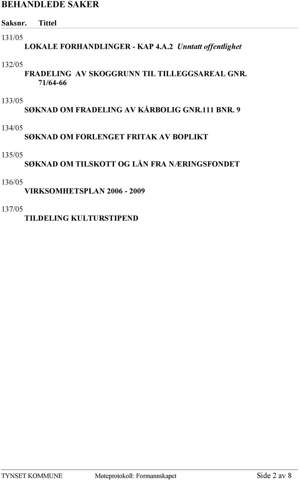 9 134/05 SØKNAD OM FORLENGET FRITAK AV BOPLIKT 135/05 SØKNAD OM TILSKOTT OG LÅN FRA NÆRINGSFONDET 136/05