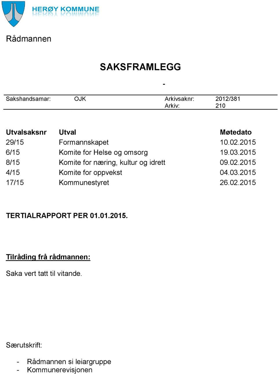 2015 8/15 Komite for næring, kultur og idrett 09.02.2015 4/15 Komite for oppvekst 04.03.