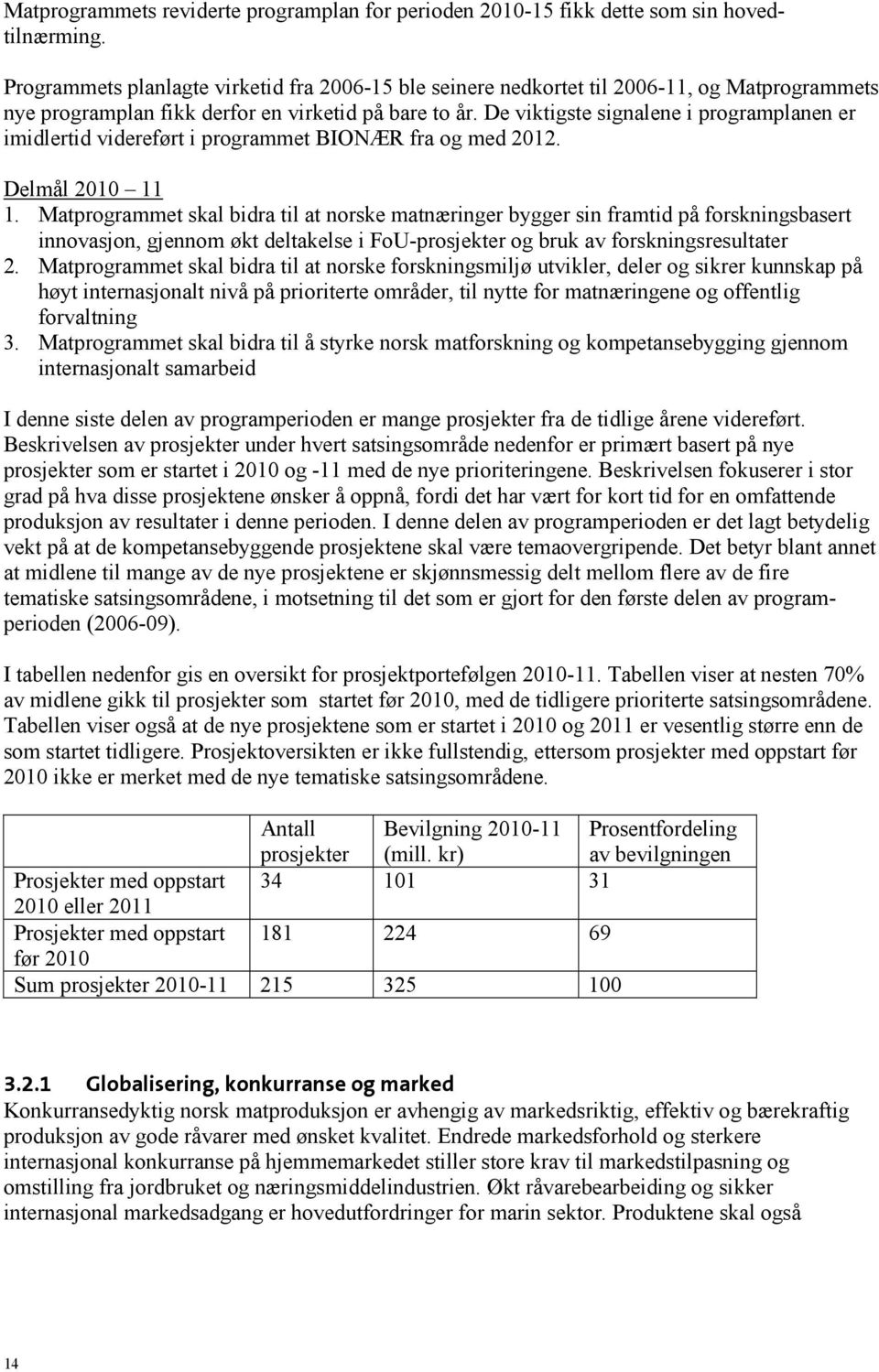 De viktigste signalene i programplanen er imidlertid videreført i programmet BIONÆR fra og med 2012. Delmål 2010 11 1.