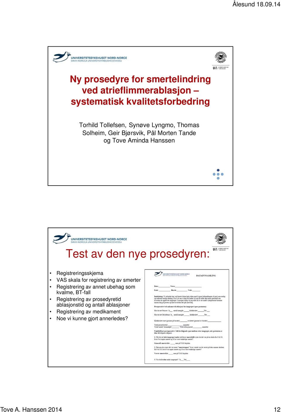 Registreringsskjema VAS skala for registrering av smerter Registrering av annet ubehag som kvalme, BT-fall