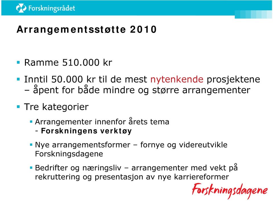 kategorier Arrangementer innenfor årets tema - Forskningens verktøy Nye arrangementsformer