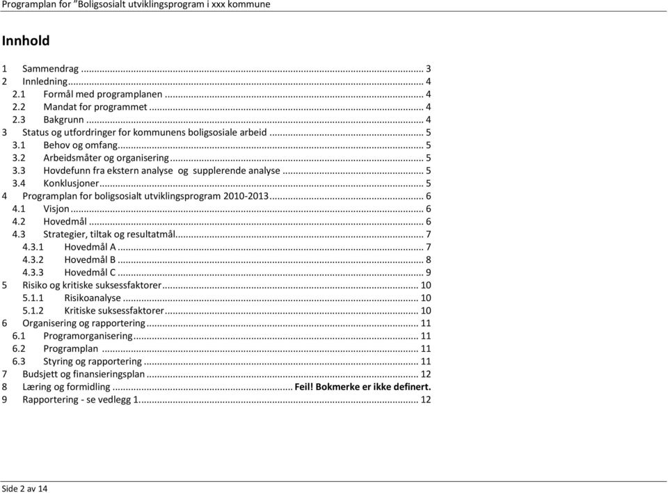 .. 5 4 Programplan for boligsosialt utviklingsprogram 2010-2013... 6 4.1 Visjon... 6 4.2 Hovedmål... 6 4.3 Strategier, tiltak og resultatmål... 7 4.3.1 Hovedmål A... 7 4.3.2 Hovedmål B... 8 4.3.3 Hovedmål C.