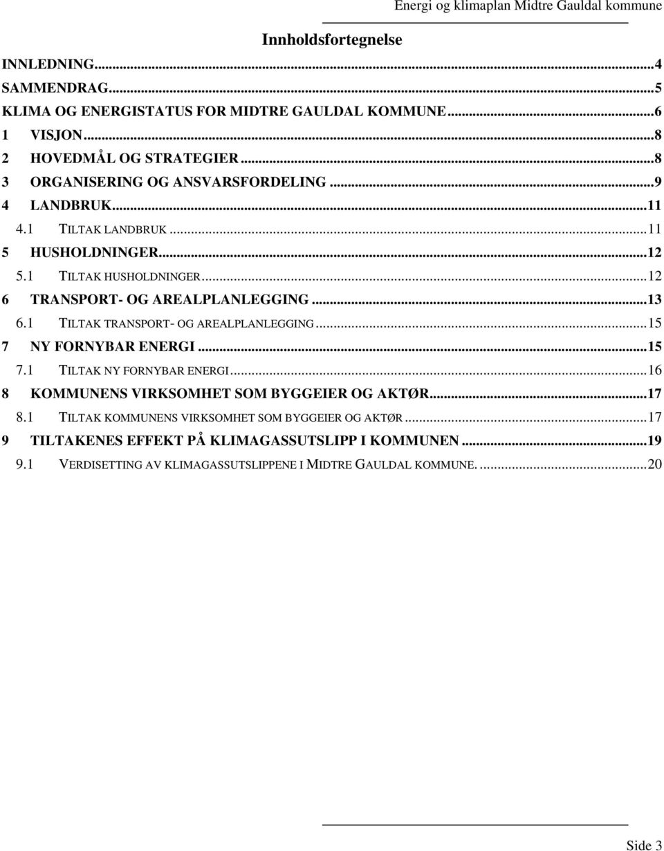 ..13 6.1 TILTAK TRANSPORT- OG AREALPLANLEGGING...15 7 NY FORNYBAR ENERGI...15 7.1 TILTAK NY FORNYBAR ENERGI...16 8 KOMMUNENS VIRKSOMHET SOM BYGGEIER OG AKTØR...17 8.