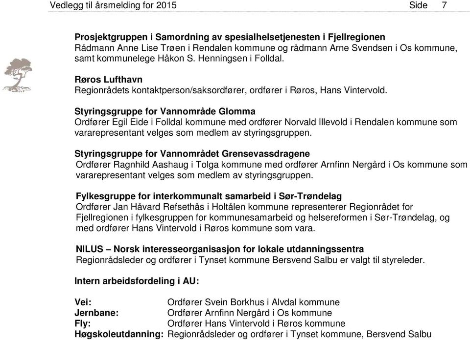 Styringsgruppe for Vannområde Glomma Ordfører Egil Eide i Folldal kommune med ordfører Norvald Illevold i Rendalen kommune som vararepresentant velges som medlem av styringsgruppen.