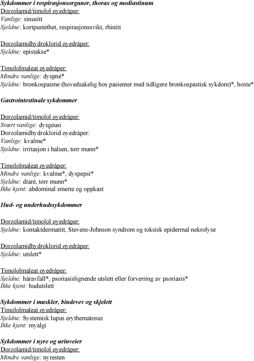 vanlige: dysgeusi Dorzolamidhydroklorid øyedråper: Vanlige: kvalme* Sjeldne: irritasjon i halsen, tørr munn* Mindre vanlige: kvalme*, dyspepsi* Sjeldne: diaré, tørr munn* Ikke kjent: abdominal smerte