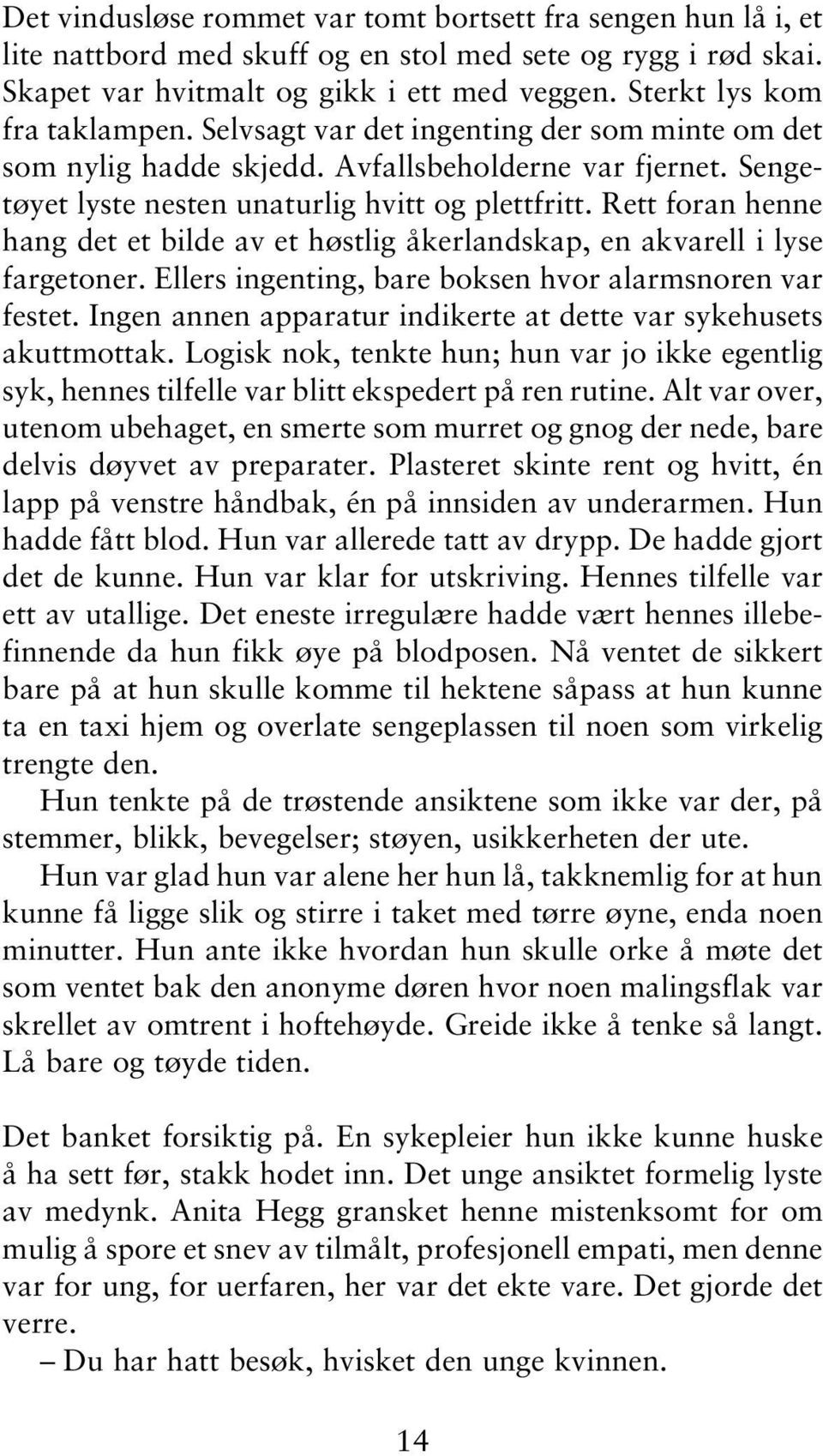 Rett foran henne hang det et bilde av et høstlig åkerlandskap, en akvarell i lyse fargetoner. Ellers ingenting, bare boksen hvor alarmsnoren var festet.