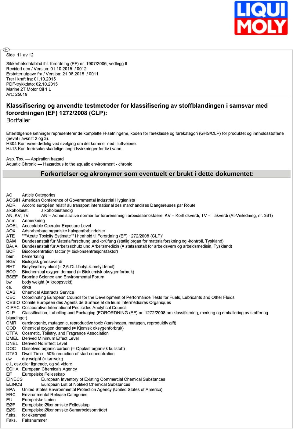 H413 Kan forårsake skadelige langtidsvirkninger for liv i vann. Asp. Tox.