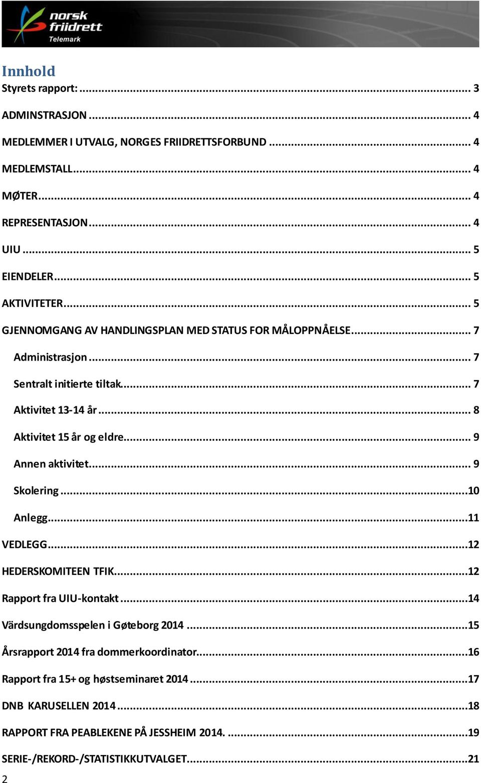 .. 8 Aktivitet 15 år og eldre... 9 Annen aktivitet... 9 Skolering...10 Anlegg...11 VEDLEGG...12 HEDERSKOMITEEN TFIK...12 Rapport fra UIU-kontakt.