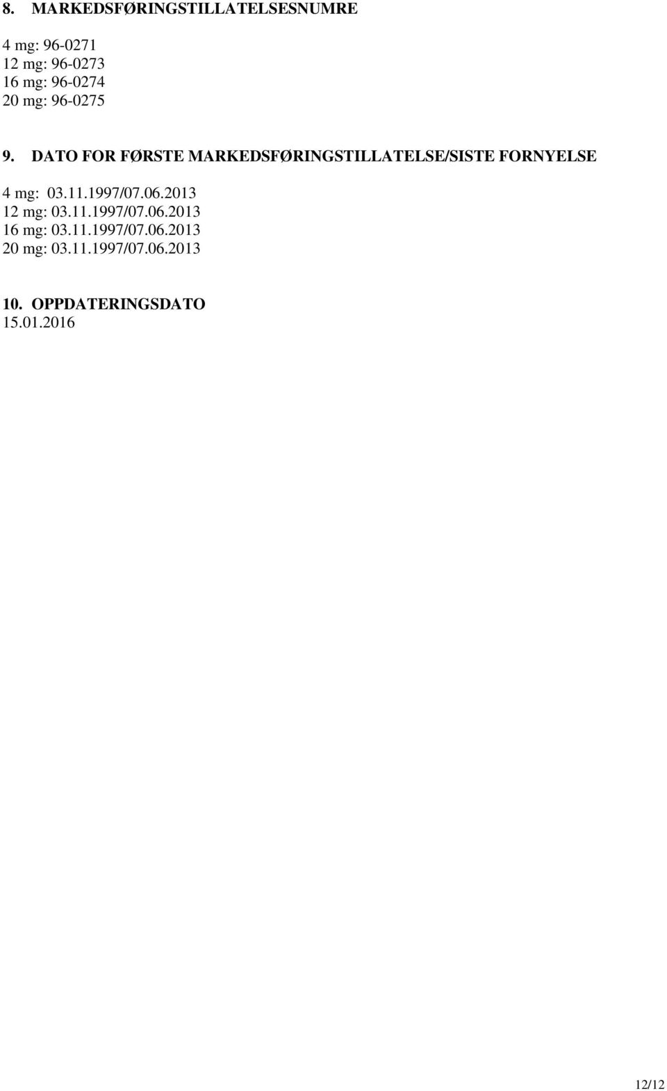 DATO FOR FØRSTE MARKEDSFØRINGSTILLATELSE/SISTE FORNYELSE 4 mg: 03.11.1997/07.