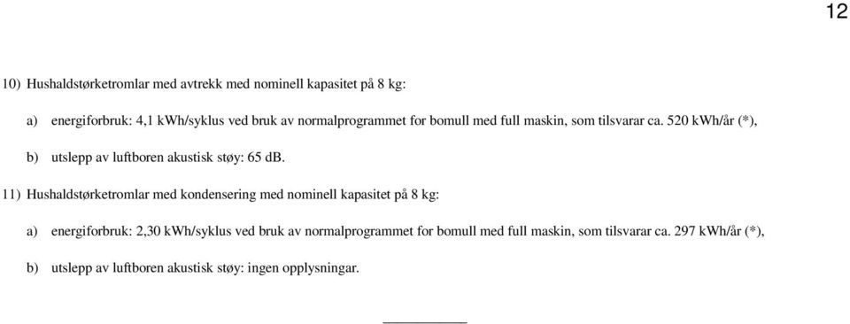 11) Hushaldstørketromlar med kondensering med nominell kapasitet på 8 kg: a) energiforbruk: 2,30 kwh/syklus ved bruk av