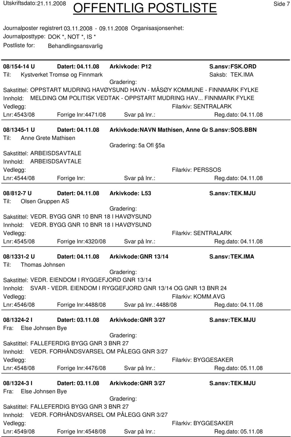 .. FINNMARK FYLKE Lnr: 4543/08 Forrige lnr:4471/08 Svar på lnr.: 08/1345-1 U Datert: 04.11.08 Arkivkode:NAVN Mathisen, Anne Gr S.ansv: SOS.