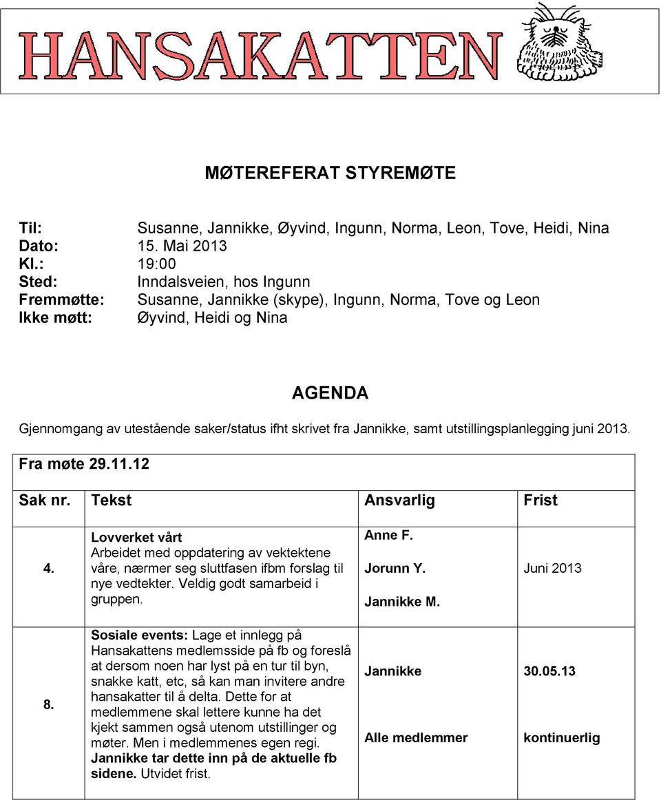 samt utstillingsplanlegging juni 2013. Fra møte 29.11.12 Sak nr. Tekst Ansvarlig Frist 4.