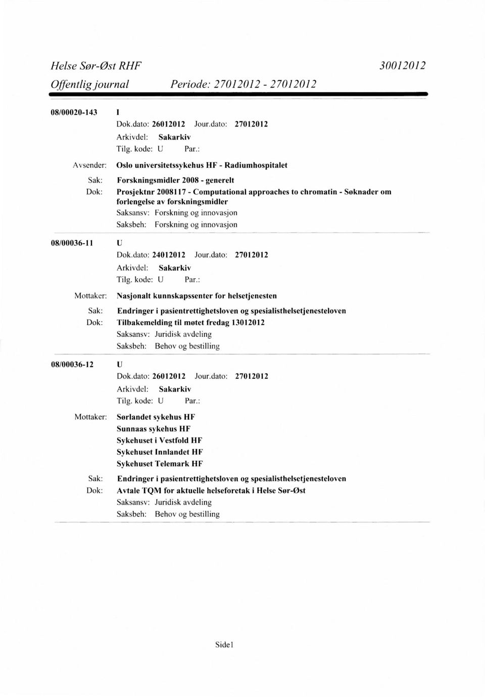 dato: 27012012 Mottaker: Nasjonalt kunnskapssenter for helsetjenesten Sak: Endringer i pasientrettighetsloven og spesialisthelsetjenesteloven Dok: Tilbakemelding til møtet fredag 13012012 Juridisk