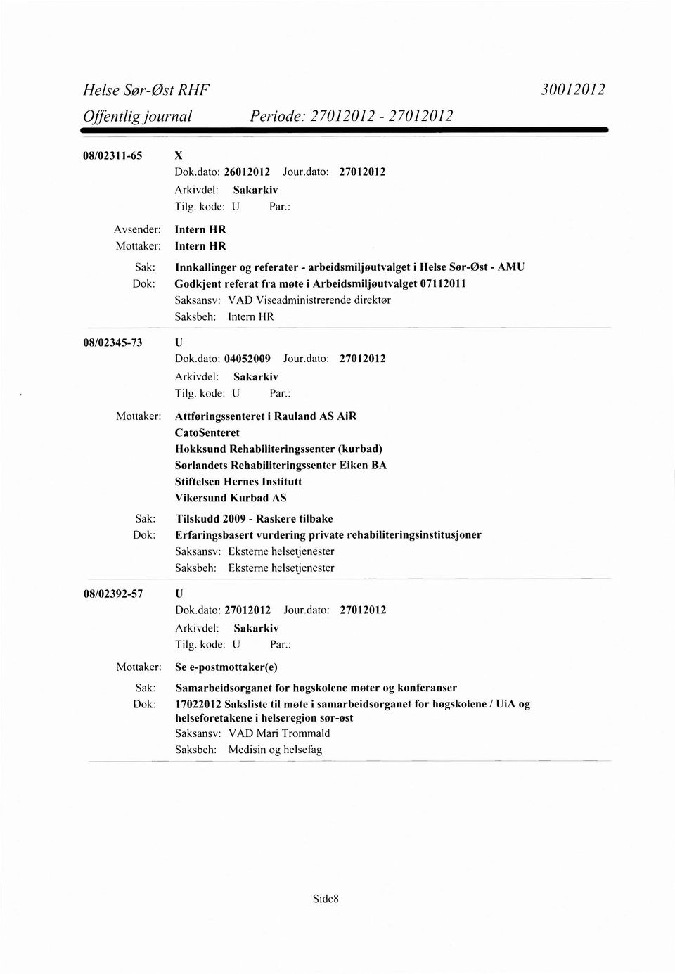 dato: 27012012 Mottaker: Attføringssenteret i Rauland AS AiR CatoSenteret Hokksund Rehabiliteringssenter (kurbad) Sørlandets Rehabiliteringssenter Eiken BA Stiftelsen Hernes Institutt Vikersund