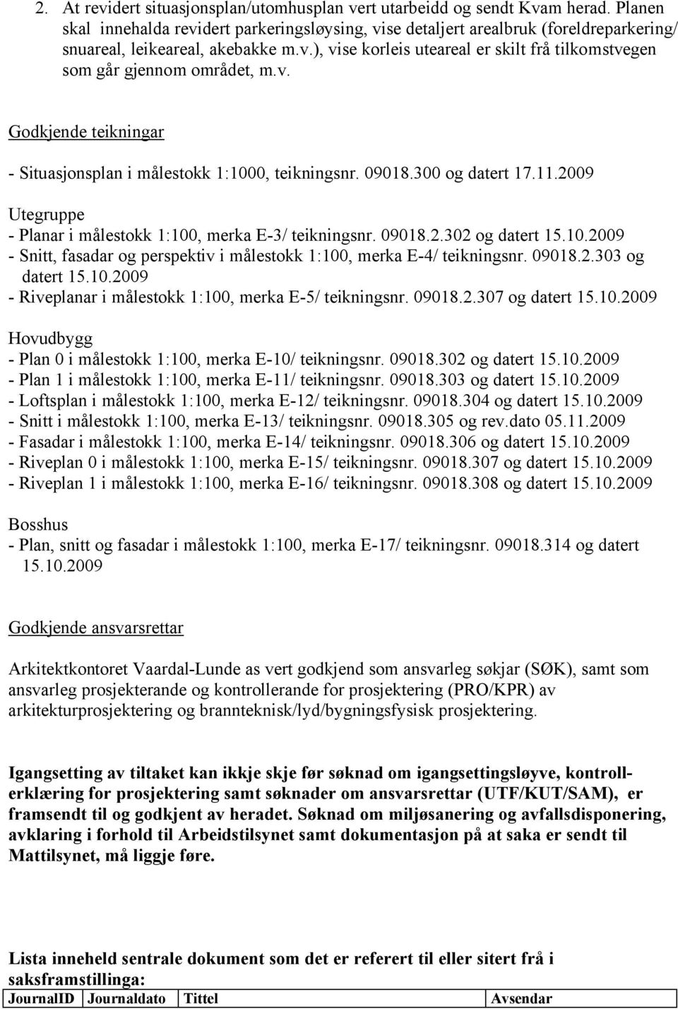 v. Godkjende teikningar - Situasjonsplan i målestokk 1:1000, teikningsnr. 09018.300 og datert 17.11.2009 Utegruppe - Planar i målestokk 1:100, merka E-3/ teikningsnr. 09018.2.302 og datert 15.10.2009 - Snitt, fasadar og perspektiv i målestokk 1:100, merka E-4/ teikningsnr.