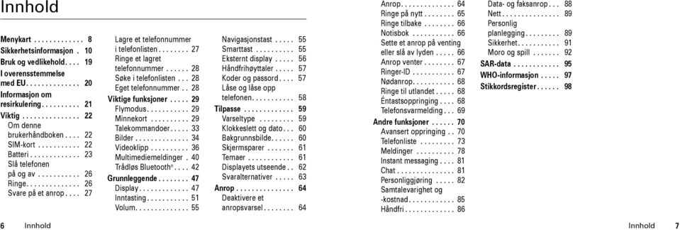 ... 27 Lagre et telefonnummer i telefonlisten........ 27 Ringe et lagret telefonnummer...... 28 Søke i telefonlisten... 28 Eget telefonnummer.. 28 Viktige funksjoner..... 29 Flymodus........... 29 Minnekort.