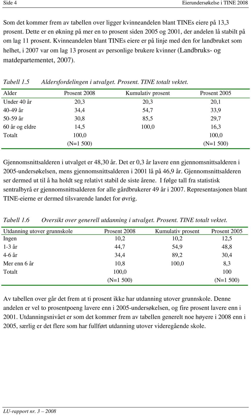 Kvinneandelen blant TINEs eiere er på linje med den for landbruket som helhet, i 2007 var om lag 13 prosent av personlige brukere kvinner (Landbruks- og matdepartementet, 2007). Tabell 1.