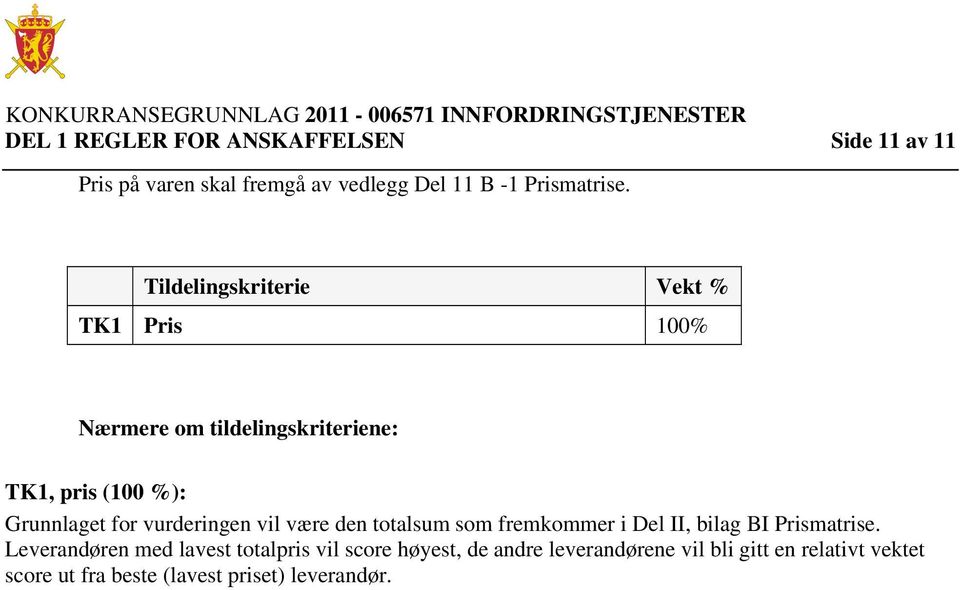 vurderingen vil være den totalsum som fremkommer i Del II, bilag BI Prismatrise.
