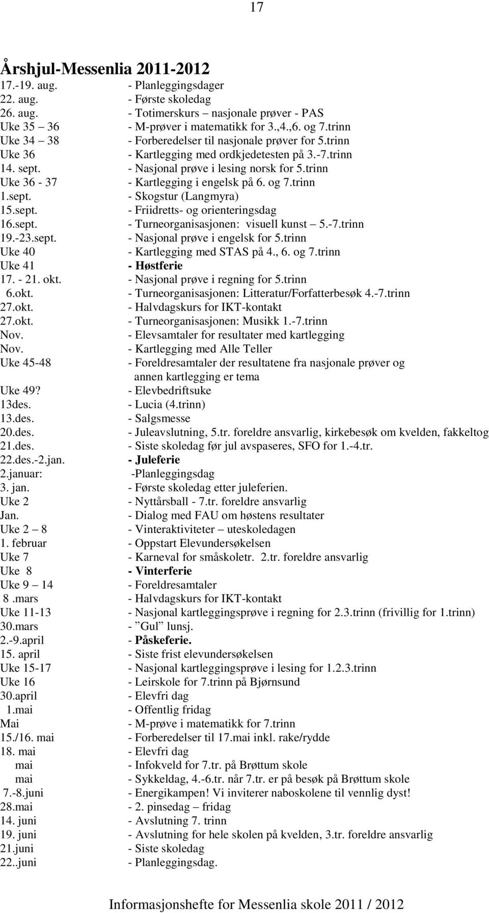 trinn Uke 36-37 - Kartlegging i engelsk på 6. og 7.trinn 1.sept. - Skogstur (Langmyra) 15.sept. - Friidretts- og orienteringsdag 16.sept. - Turneorganisasjonen: visuell kunst 5.-7.trinn 19.-23.sept. - Nasjonal prøve i engelsk for 5.