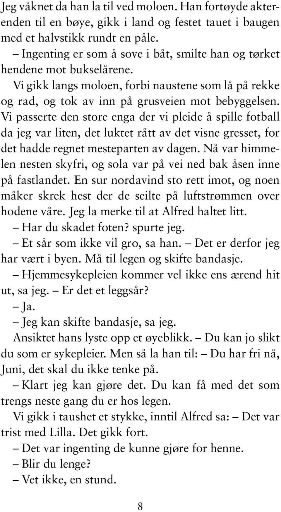 Vi passerte den store enga der vi pleide å spille fotball da jeg var liten, det luktet rått av det visne gresset, for det hadde regnet mesteparten av dagen.