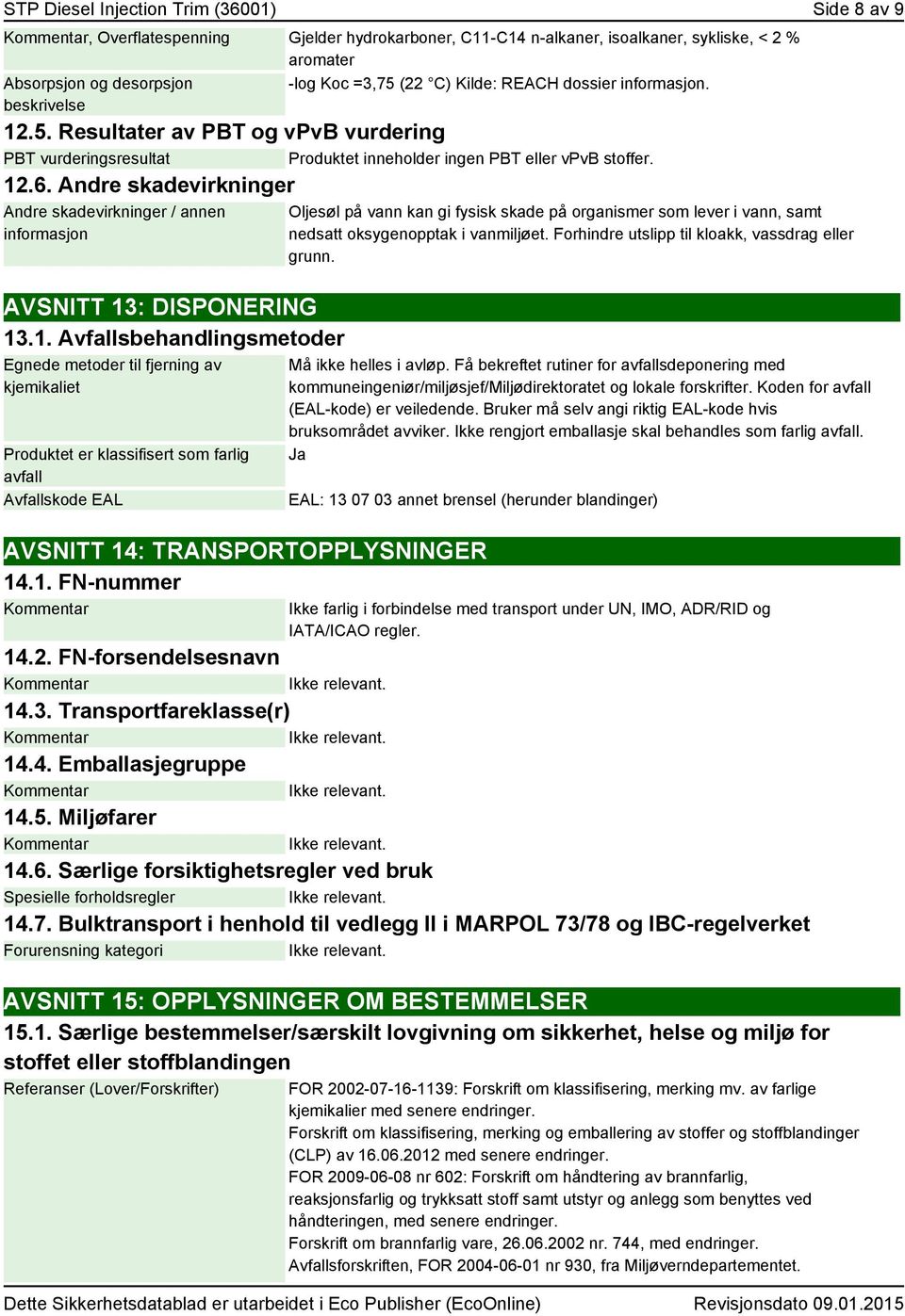 Andre skadevirkninger Andre skadevirkninger / annen informasjon AVSNITT 13