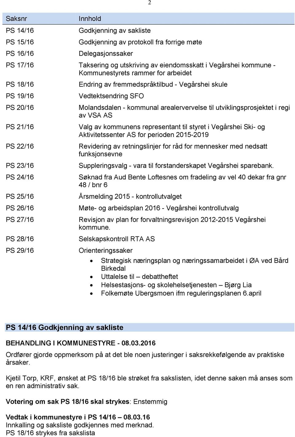 Vedtektsendring SFO Molandsdalen - kommunal arealervervelse til utviklingsprosjektet i regi av VSA AS Valg av kommunens representant til styret i Vegårshei Ski- og Aktivitetssenter AS for perioden